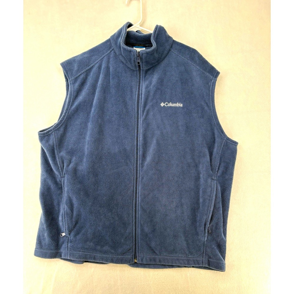 Columbia Blue Fleece Vest Full Zip Pockets Stand Collar Solid Men's 2XL